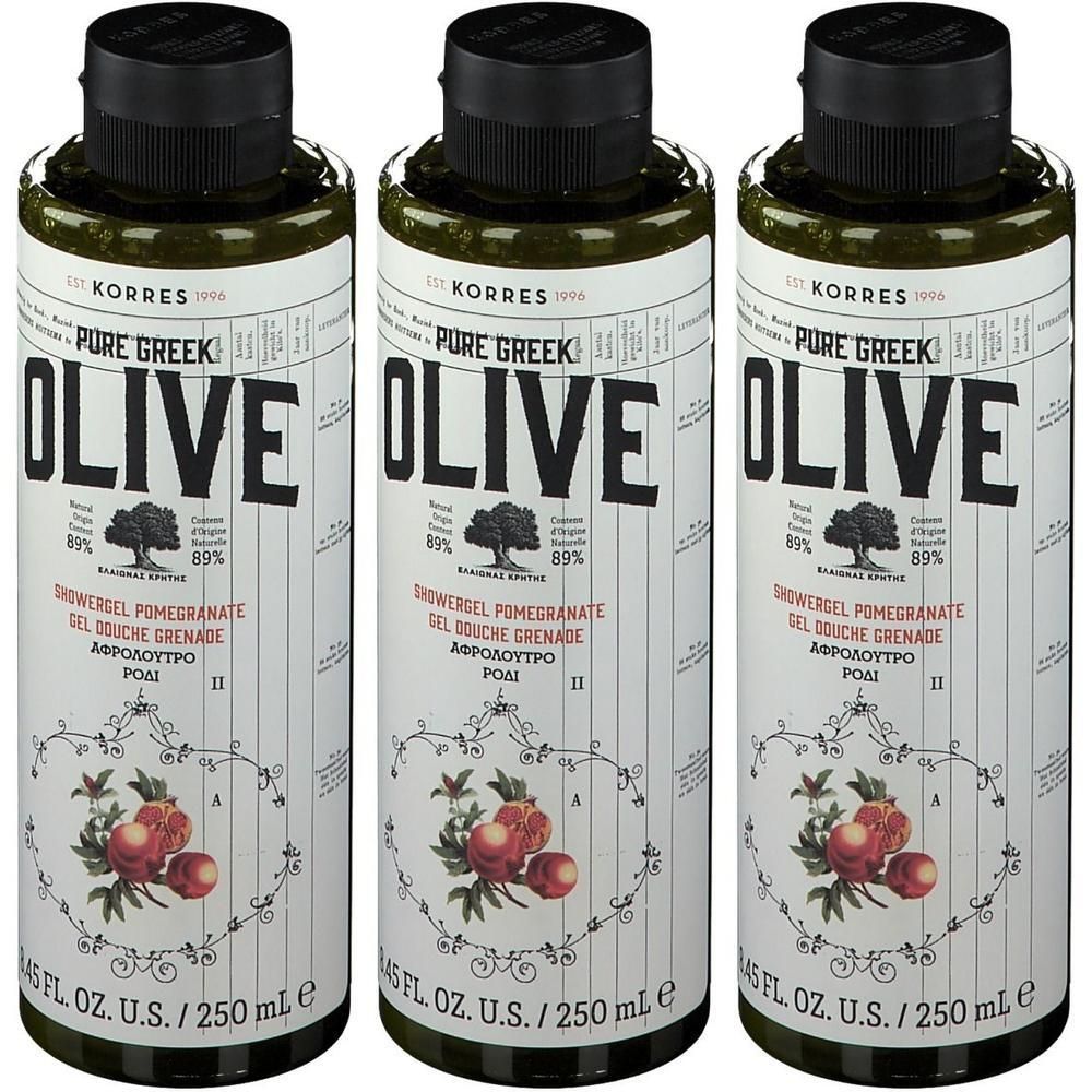 Trois bouteilles de gel douche Korres à l'huile d'olive grenade, 250 ml.