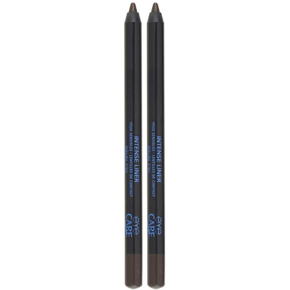 Twee bruine Eye Care Intense Liner potloden. Opschrift: Eye Care, Intense Liner, Brun 730.
