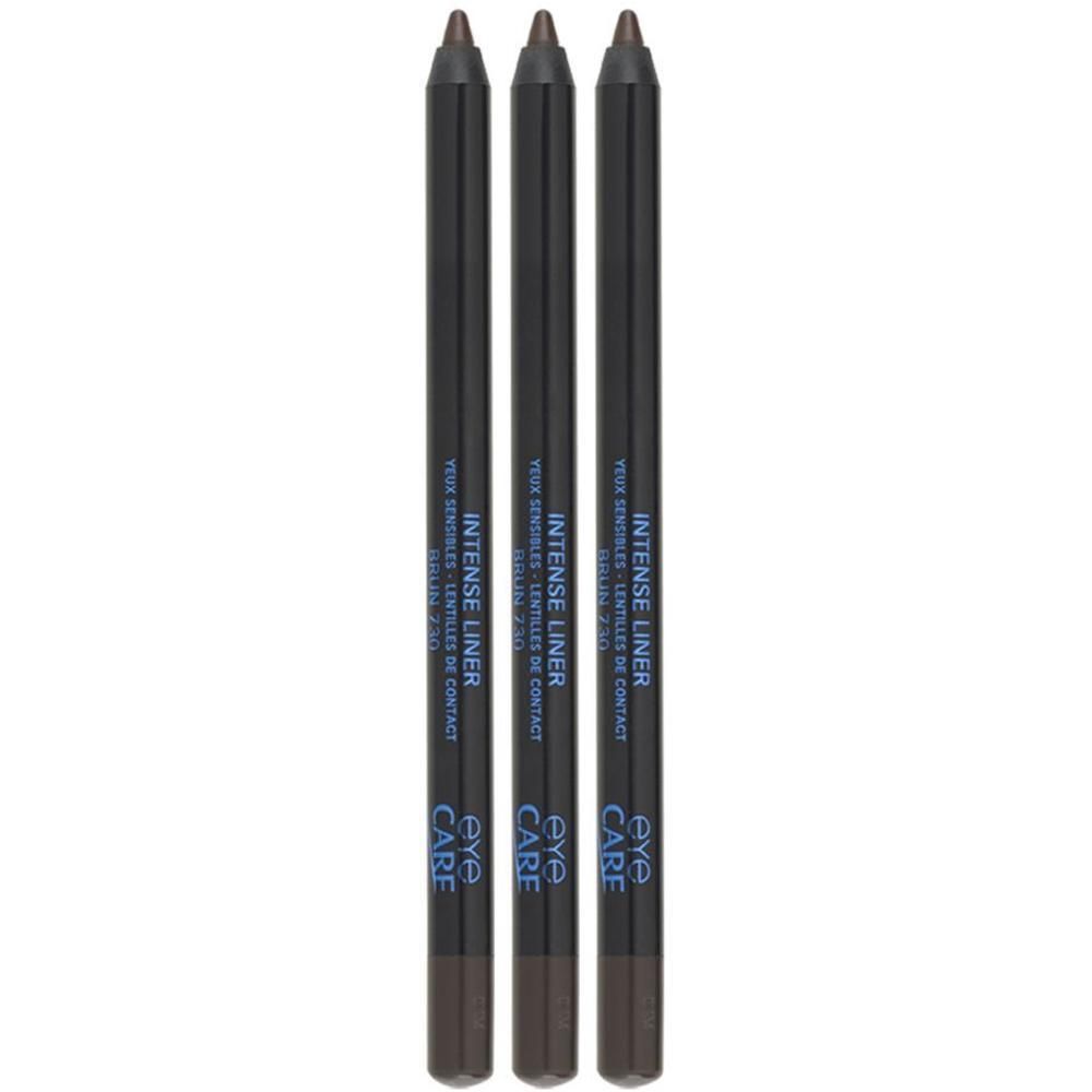 Drie bruine oogpotloden met de tekst 'Intense Liner' en 'Eye Care'.