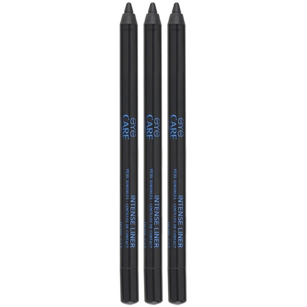 Drie zwarte eyeliner potloden met de tekst 'EYE CARE INTENSE LINER'.