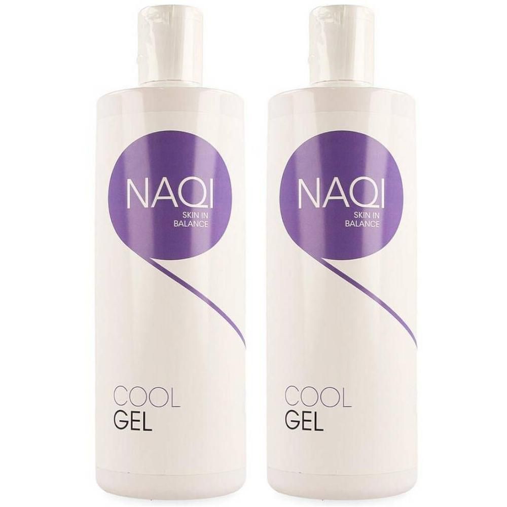 Twee flessen NAQI Cool Gel met paarse cirkel en tekst.