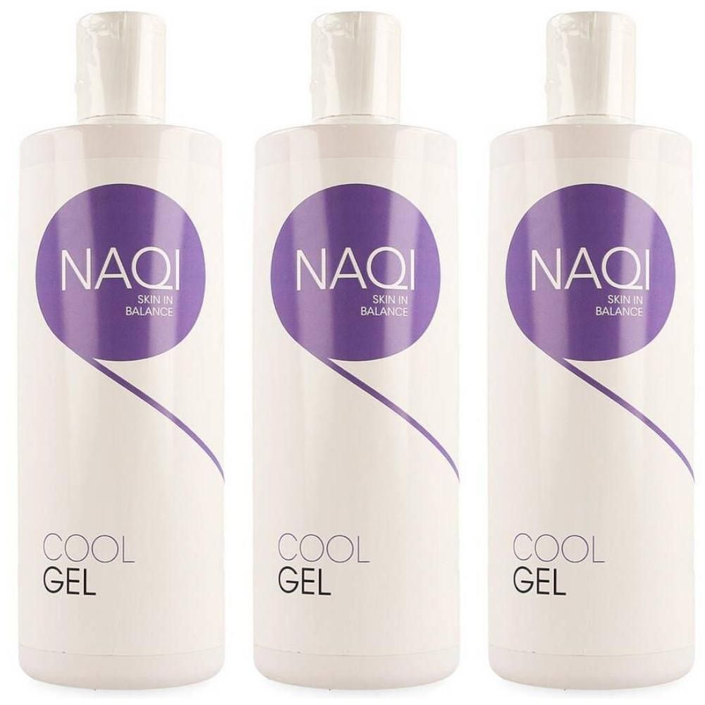 Drie witte flessen met paarse cirkel en opschrift "NAQI SKIN IN BALANCE COOL GEL".