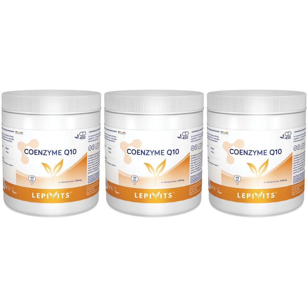 Trois contenants de Lépivits Coenzyme Q10 avec étiquette orange et blanche et motif de feuille.