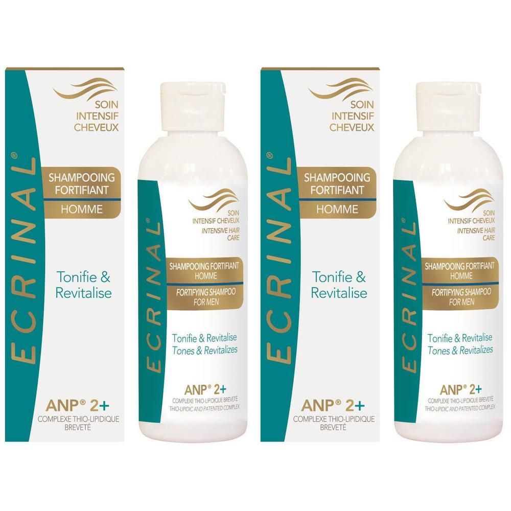 Deux flacons de Shampooing Fortifiant Homme Ecrinal ANP2+, avec leurs boîtes.