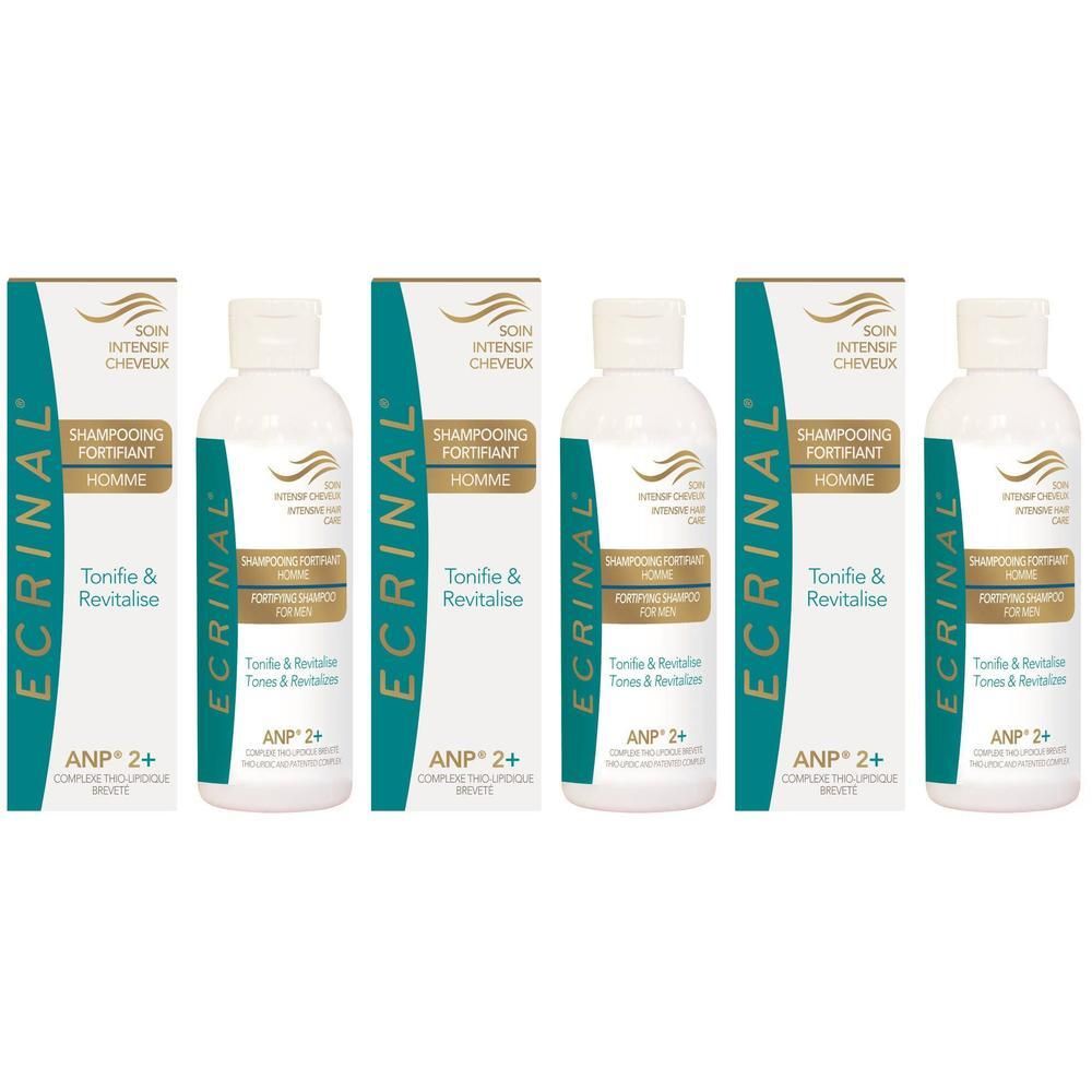 Quatre flacons de shampooing fortifiant Ecrinal ANP2+ pour hommes.
