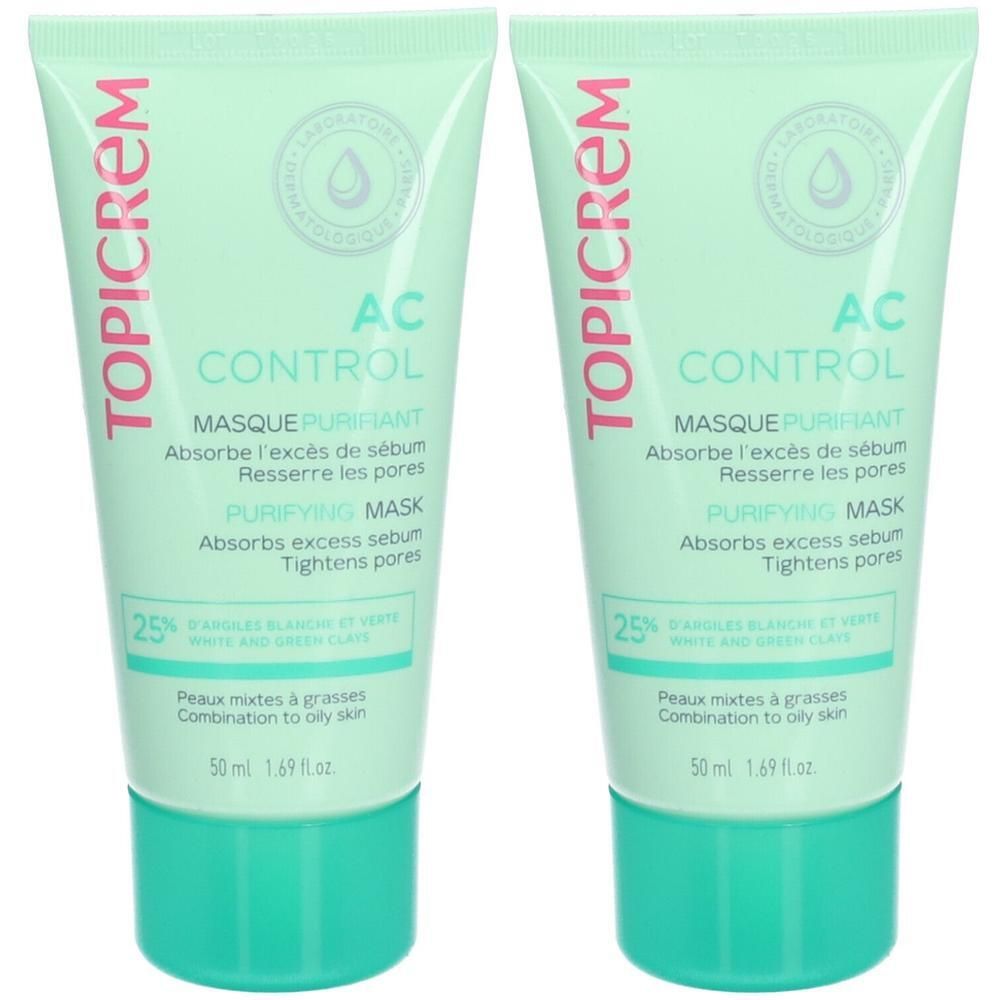 Deux masques purifiants Topicrem AC Control à l'argile blanche et verte pour peaux mixtes à grasses.