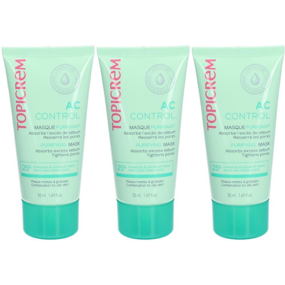 Trois tubes de Masque Purifiant Topicrem AC avec bouchons turquoise. Texte en français et allemand.