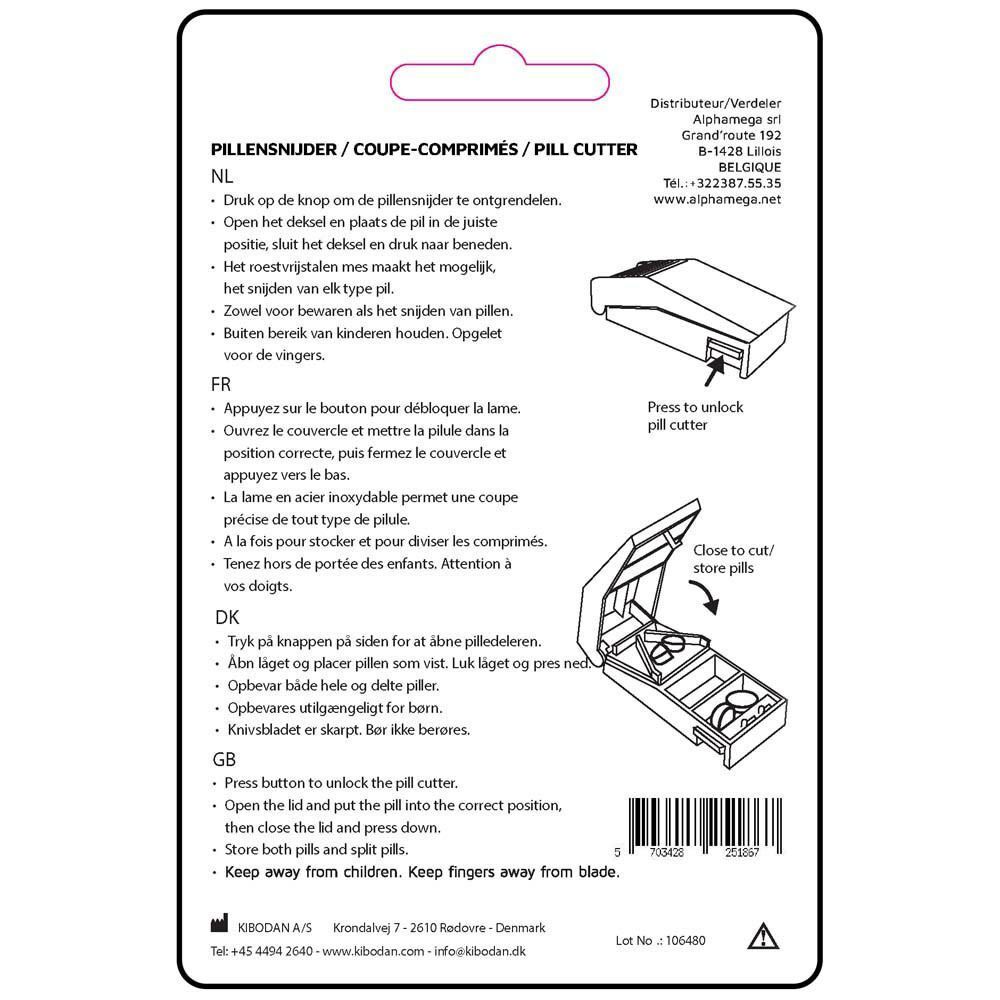 Achterkant van de Kibodan pillensnijder verpakking met instructies.
