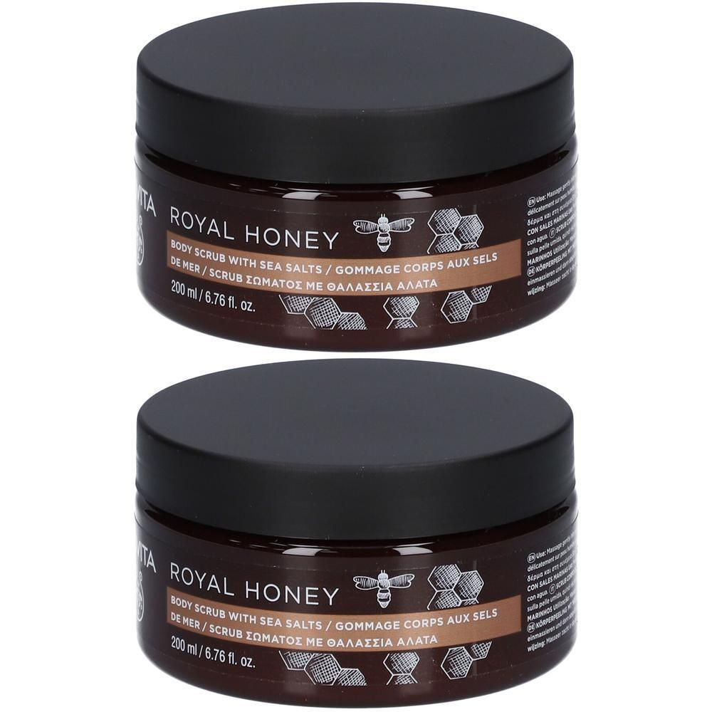 Deux pots de gommage corps Apivita Royal Honey aux sels de mer.