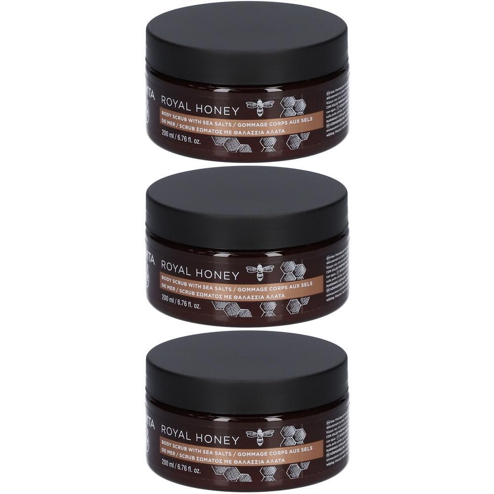 Drie potten Apivita Royal Honey Body Scrub met Zeezout.