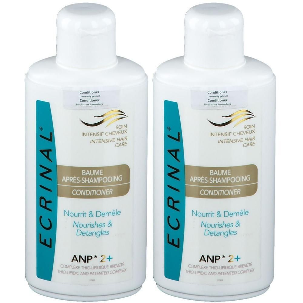 Twee flessen ECRINAL ANP 2+ conditioner. Witte flessen met turquoise en gouden etiketten.