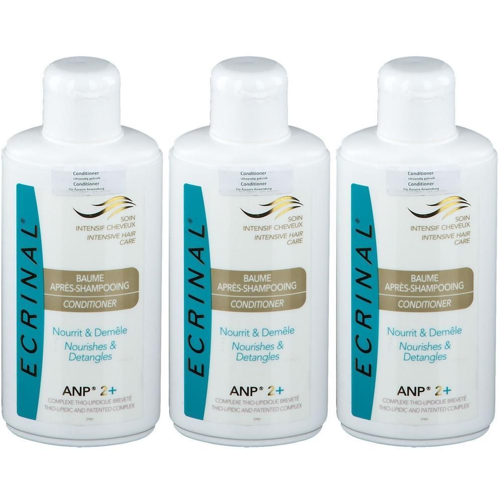 Drie flessen ECRINAL ANP 2+ conditioner. Witte flessen met blauwe en gouden etiketten.