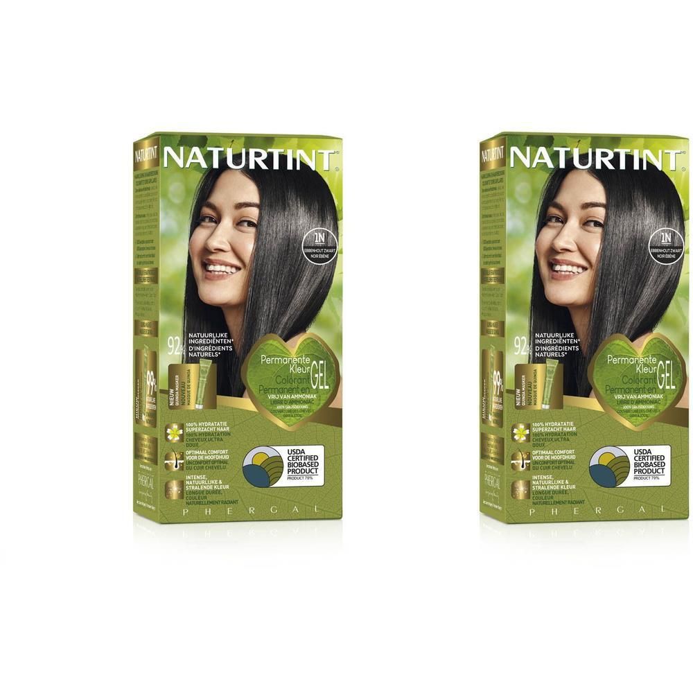 Deux boîtes de coloration permanente Naturtint Ébène Noir 1N, montrant une femme aux cheveux foncés.