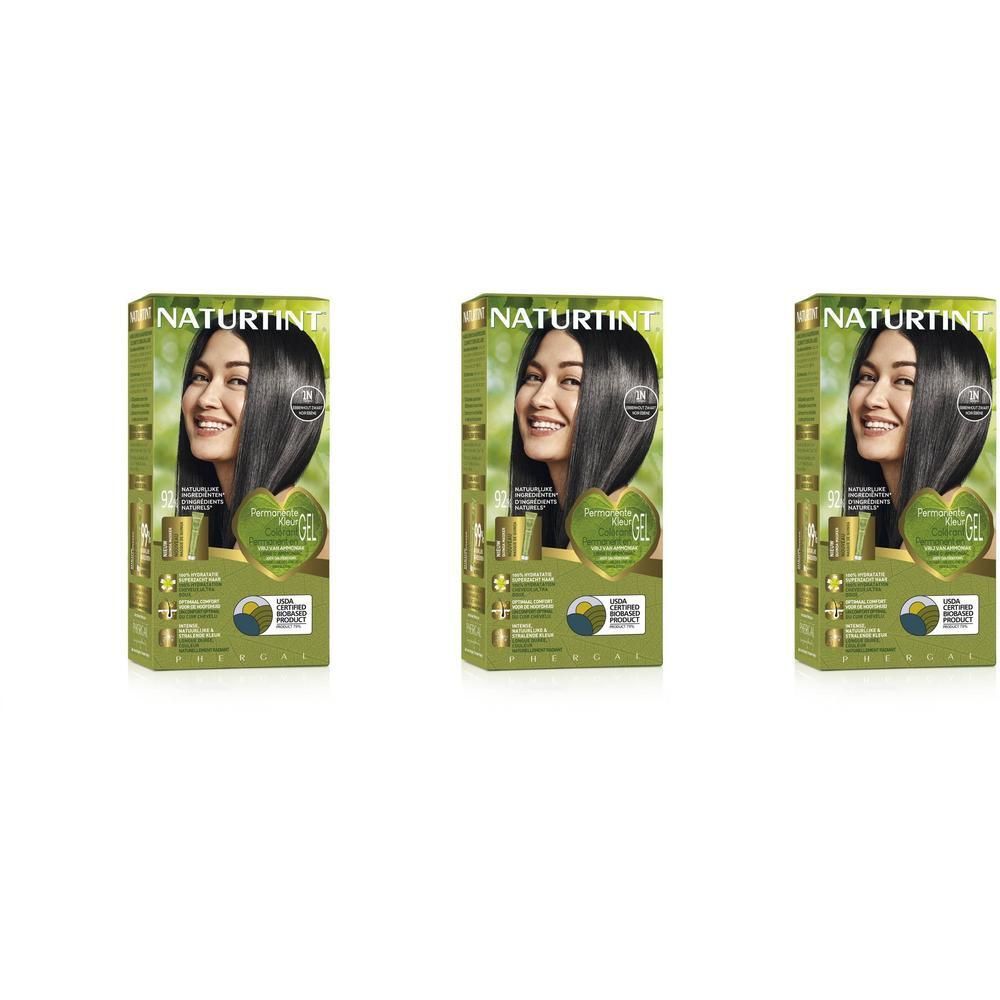 Drie dozen Naturtint Permanente Haarkleuring Ebbenhout Zwart 1N, vooraanzicht.