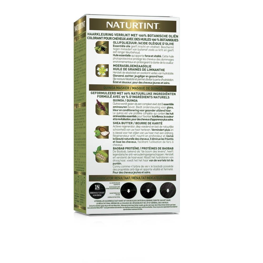 Arrière d'une boîte de coloration permanente Naturtint Ébène Noir 1N avec ingrédients.