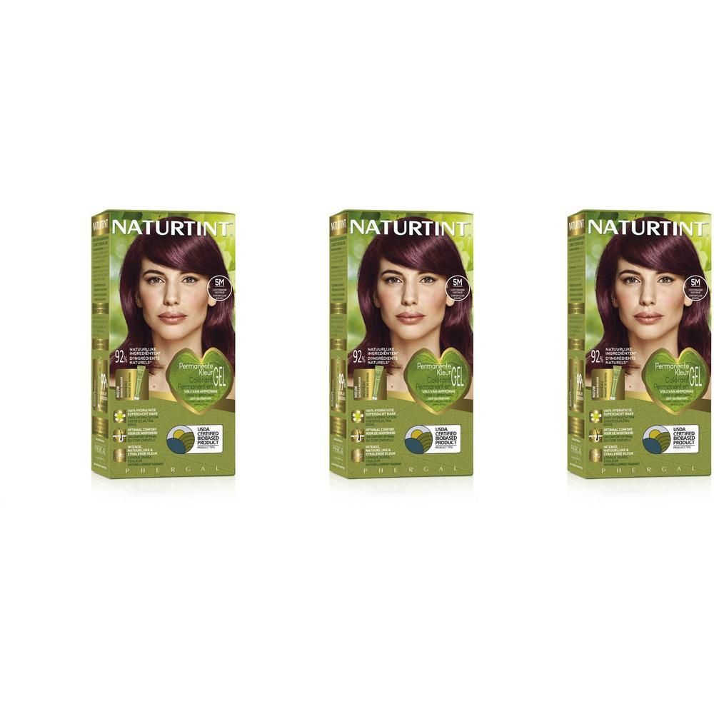 Trois boîtes de coloration permanente Naturtint Châtain Clair Acajou 5M côte à côte.