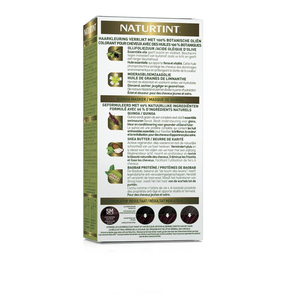 Arrière d'une boîte de coloration permanente Naturtint Châtain Clair Acajou 5M avec informations produit.