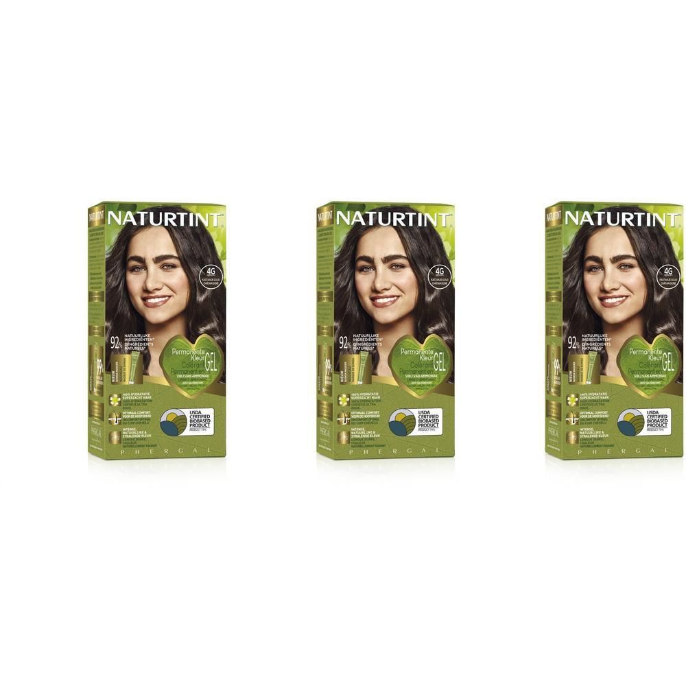 Trois boîtes de coloration permanente Naturtint 4G Châtain Doré avec modèle.