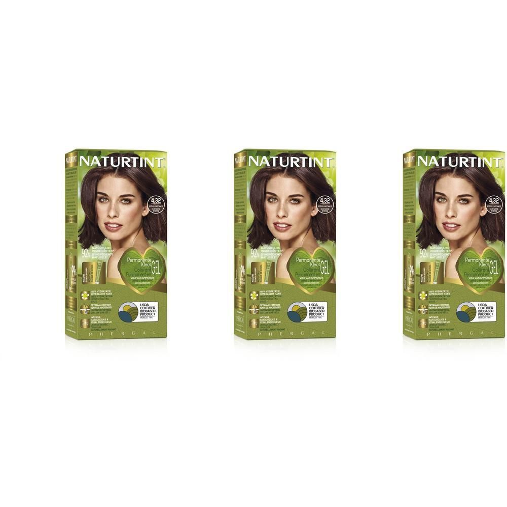 Trois boîtes de Naturtint Coloration Permanente Châtain Intense 4.32 avec photo de modèle.