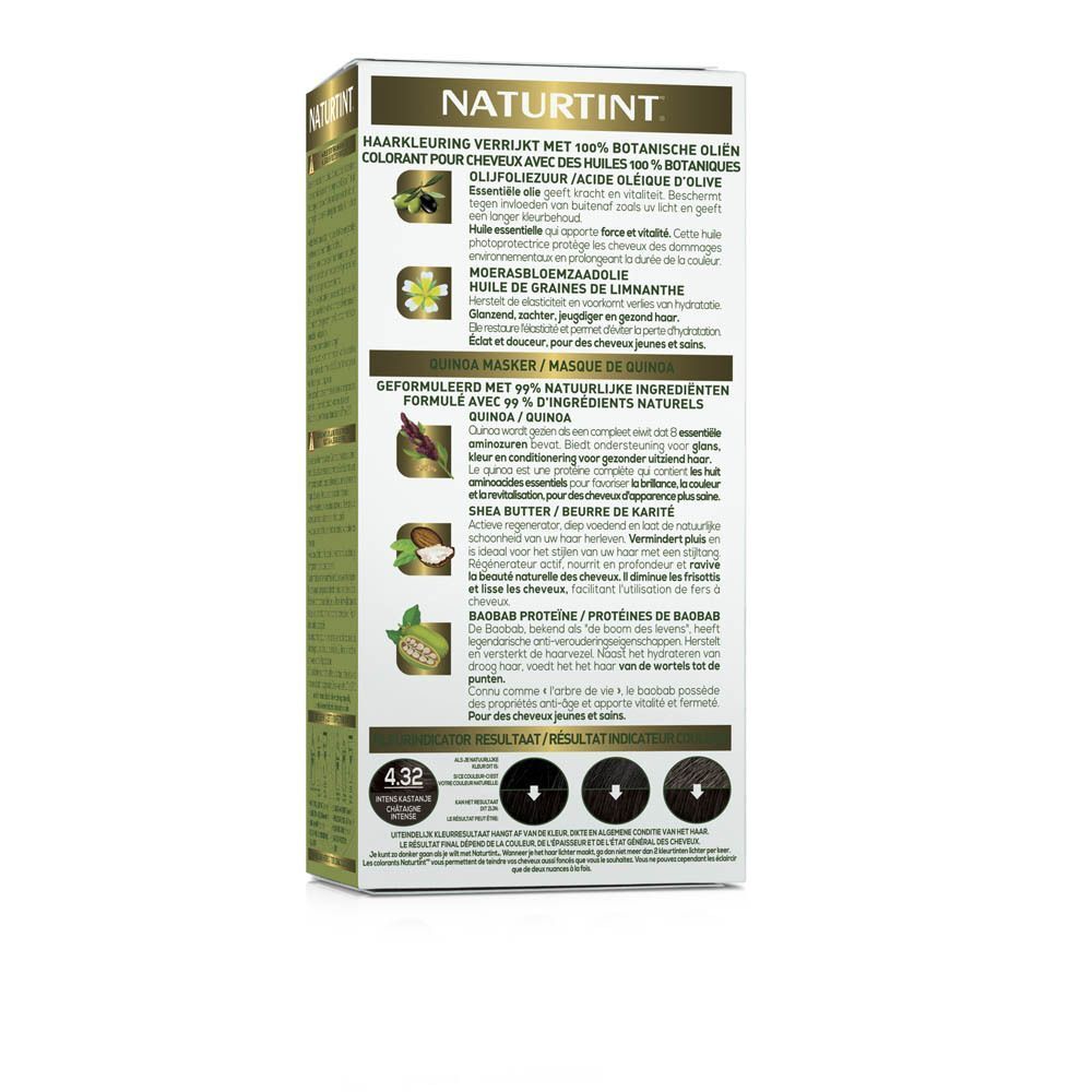 Achterkant van een pak Naturtint Permanente Haarkleuring Intens Kastanje 4.32 met ingrediënten en instructies.