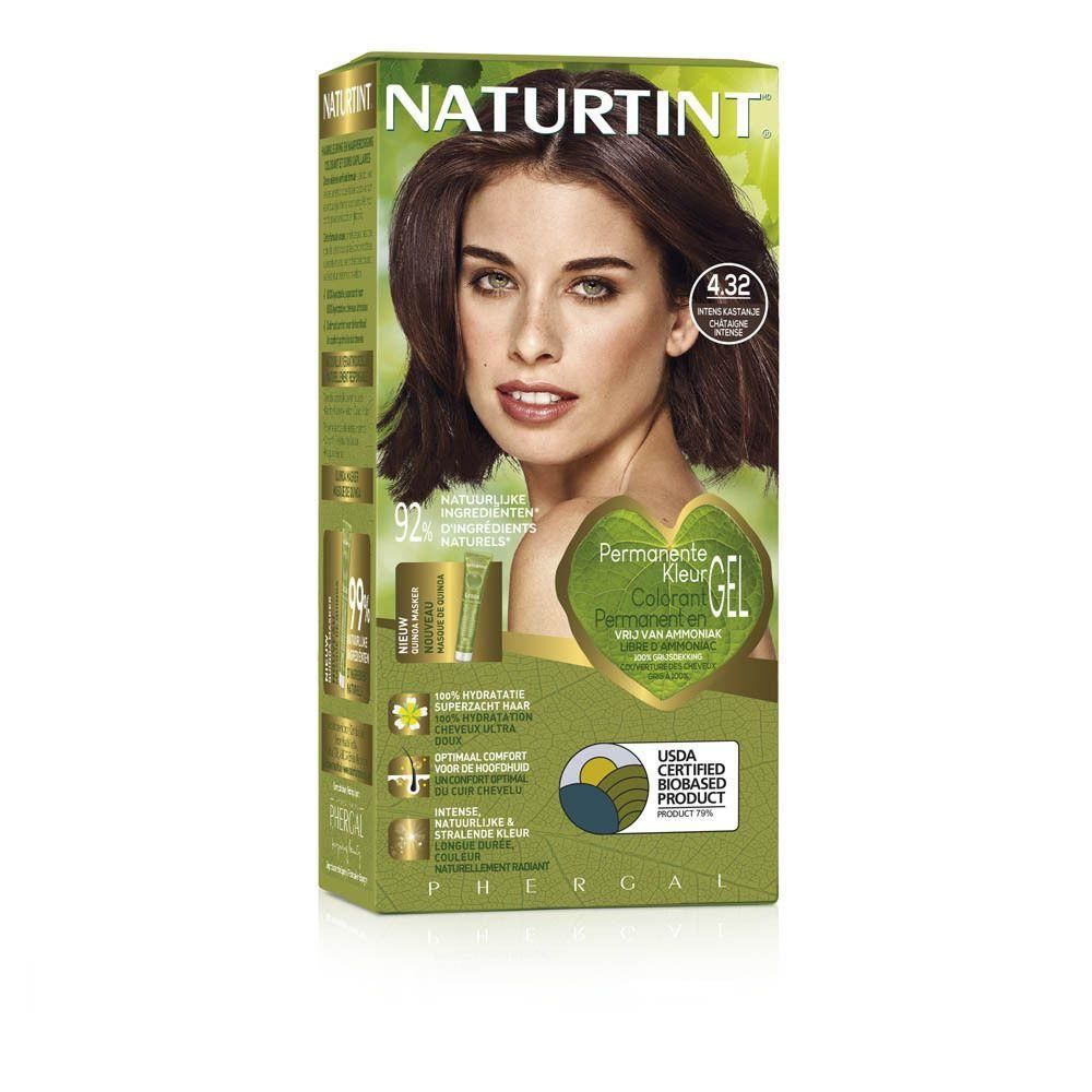 Naturtint Permanente Haarkleuring Intens Kastanje 4.32 Doos met model en productinformatie.