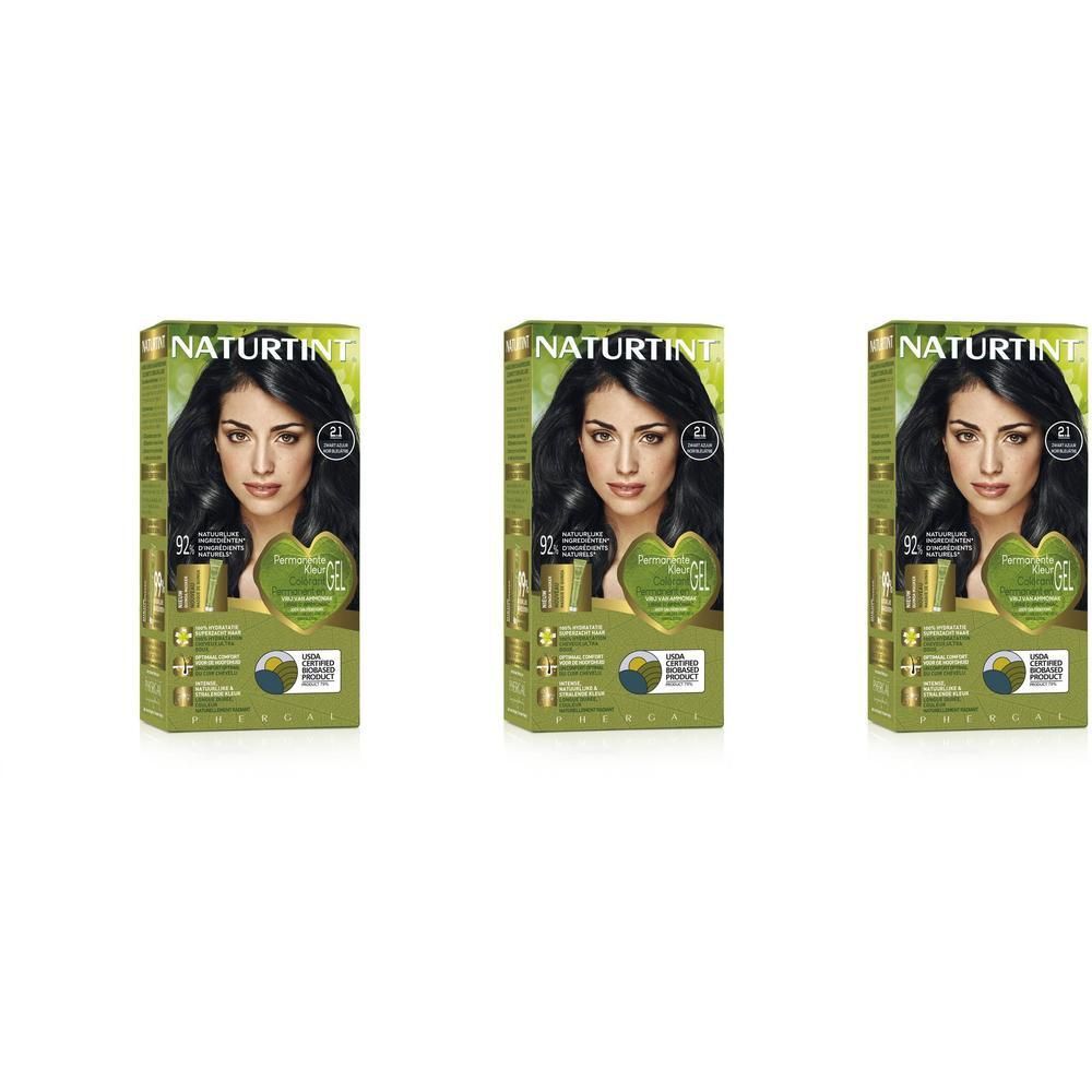 Trois boîtes de Naturtint Permanente Haarkleuring Zwart Azuur 2.1 côte à côte.