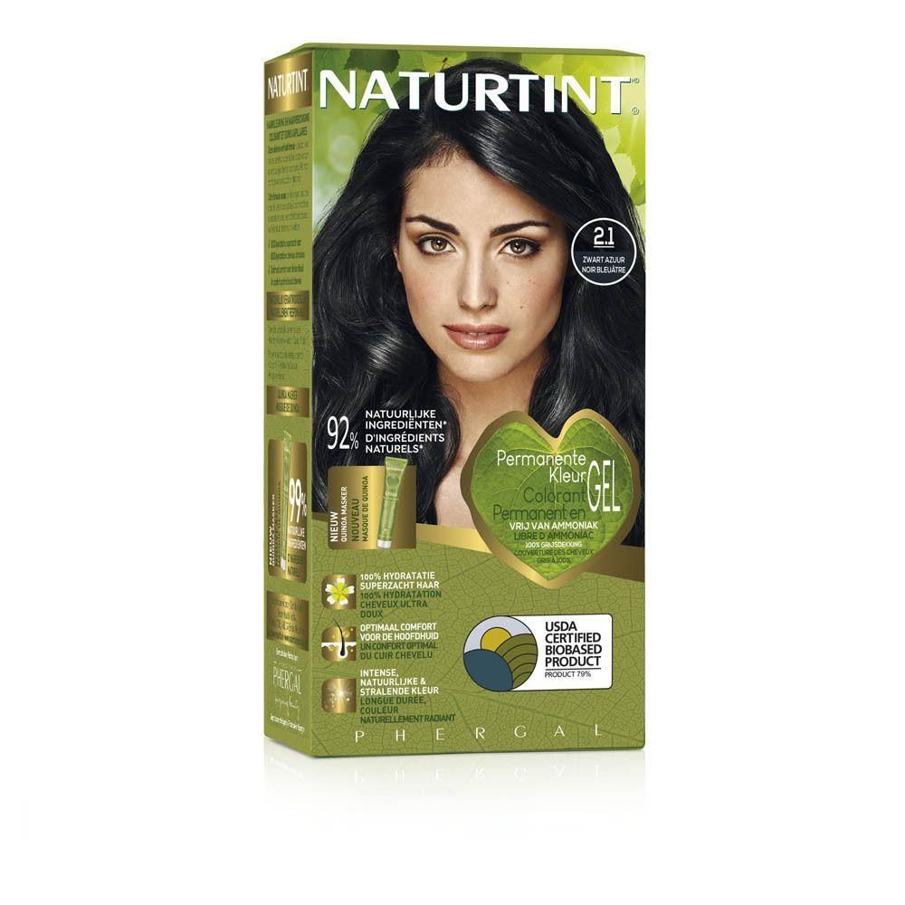 Naturtint Permanente Haarkleuring Zwart Azuur 2.1 Doos met model en productinformatie.