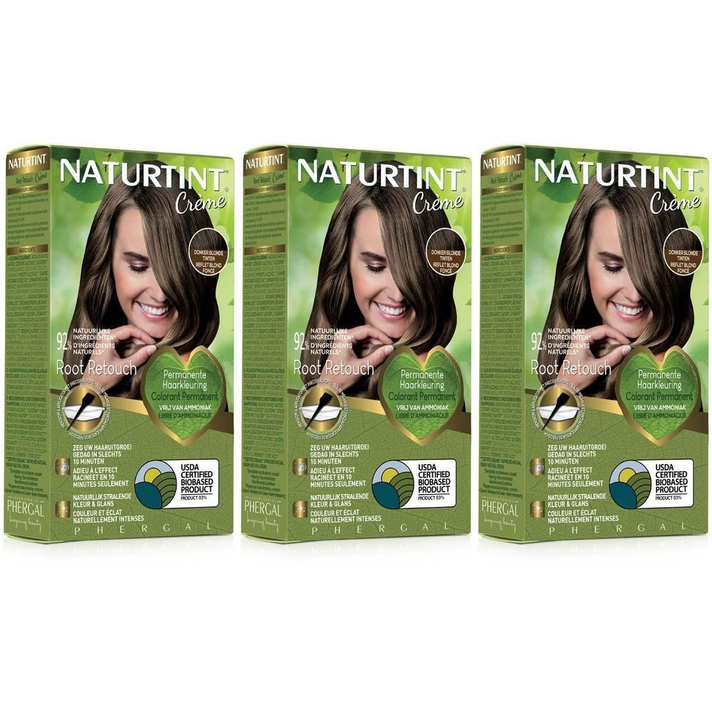 Drie dozen Naturtint Root Retouch Donkerblond haarkleuring, vooraanzicht.