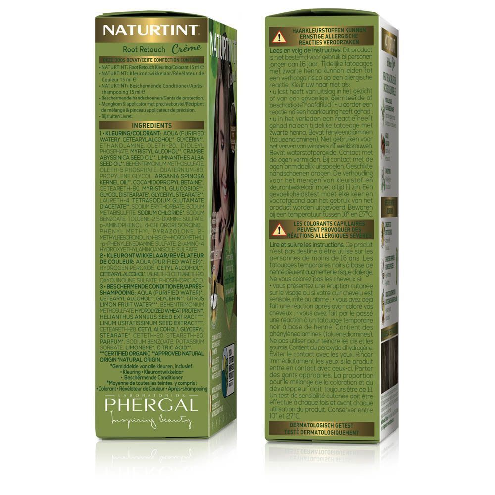 Zijaanzicht van de Naturtint Root Retouch Donkerblond verpakking met ingrediëntenlijst en toepassingsinstructies.