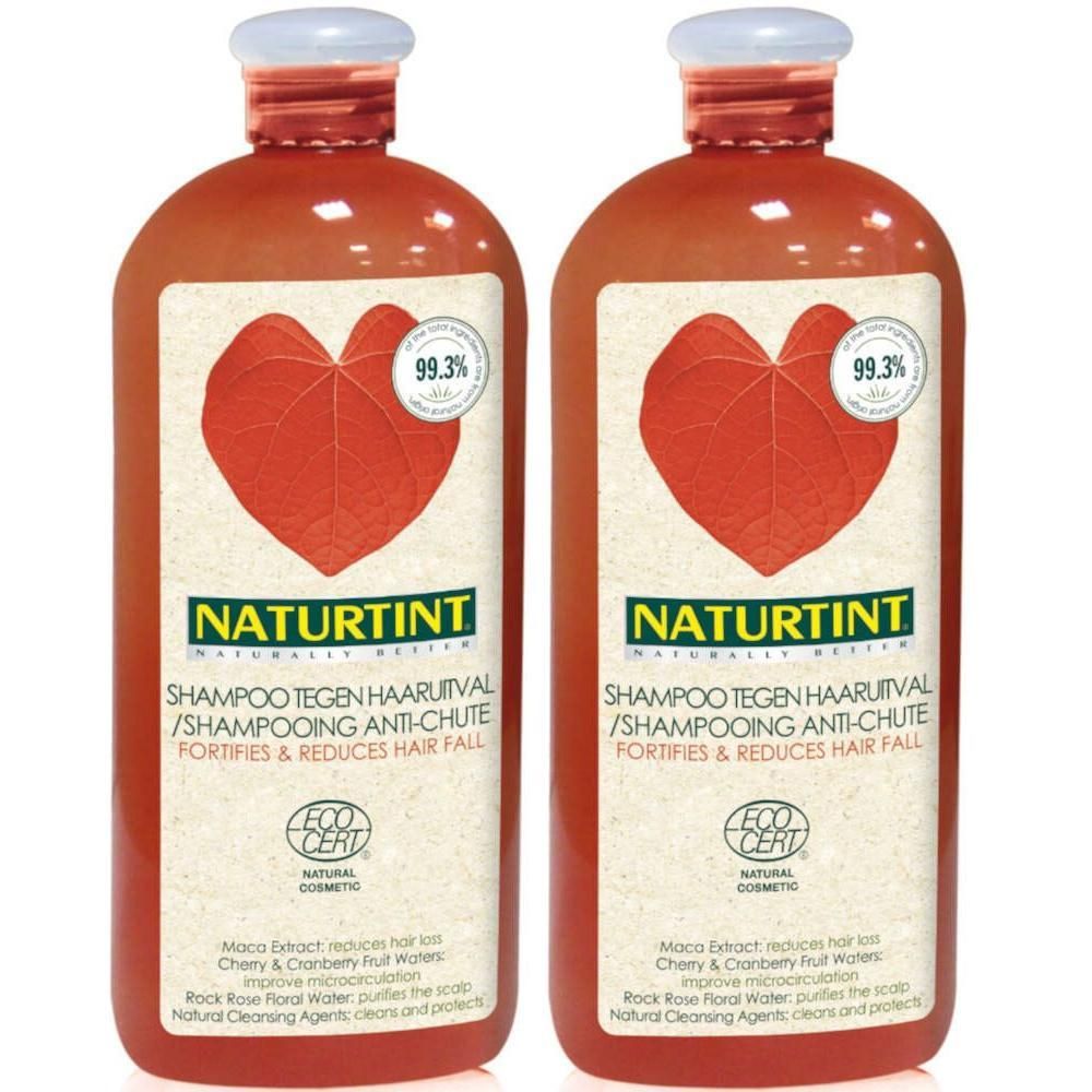 Twee flessen Naturtint Shampoo tegen haaruitval met rood hartlogo en ECO CERT-zegel.