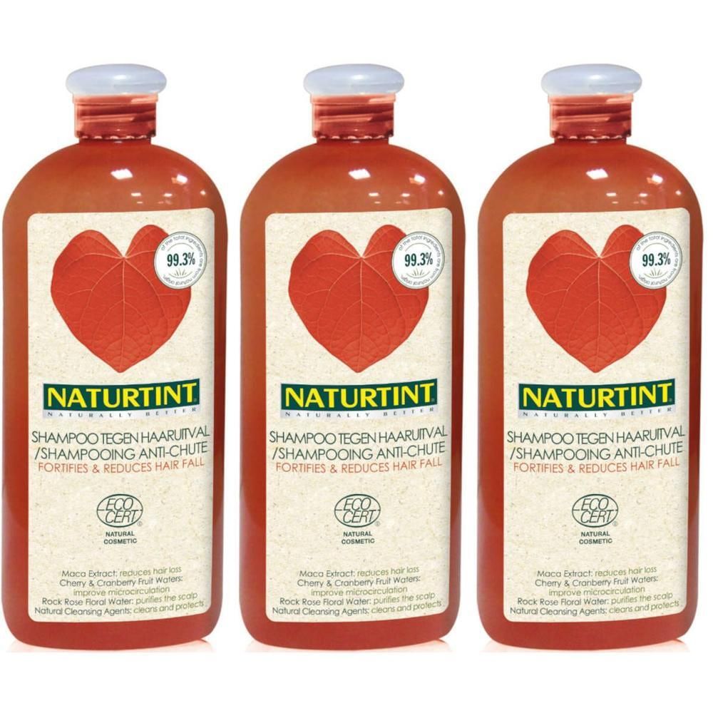 Drie flessen Naturtint Shampoo tegen haaruitval met rood hartlogo en ECO CERT-keurmerk.