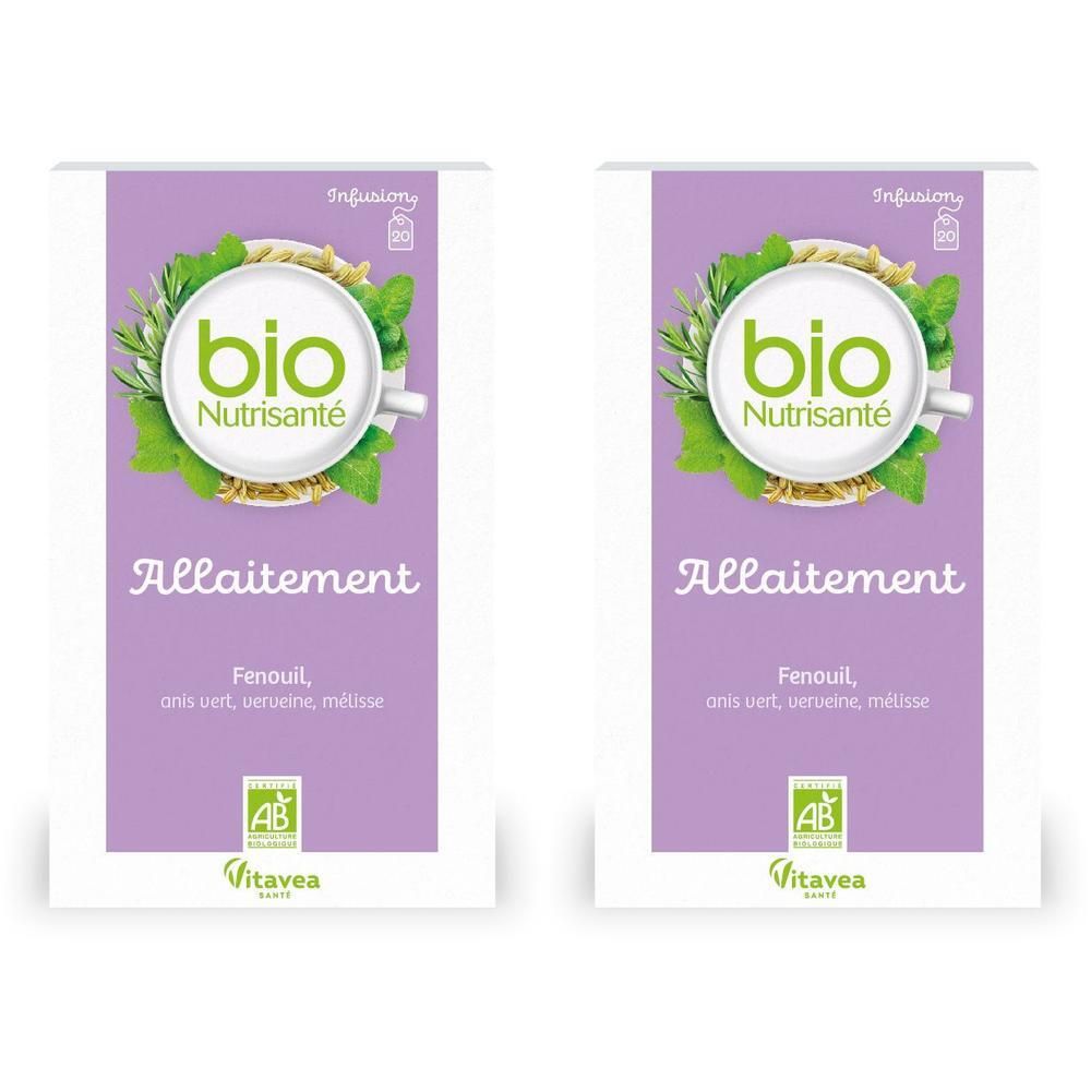 Deux boîtes de tisane bio pour l'allaitement. Contient fenouil, anis, verveine, mélisse.