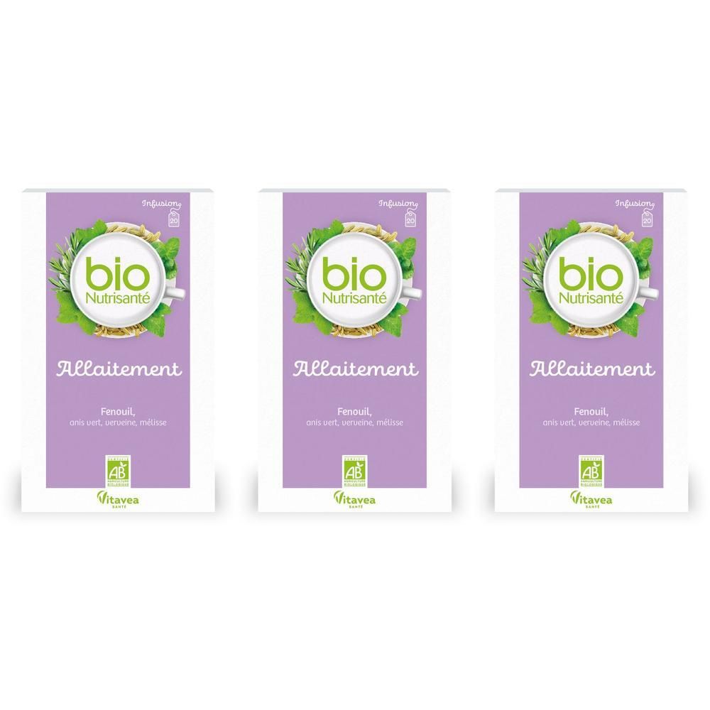 Trois boîtes de tisane bio Nutrisanté Allaitement, aux herbes et fenouil.