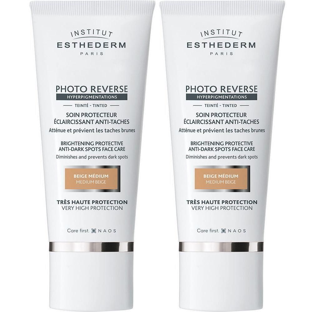 Institut Esthederm Photo Reverse Beige Medium. Twee tubes getinte gezichtscrème tegen hyperpigmentatie.