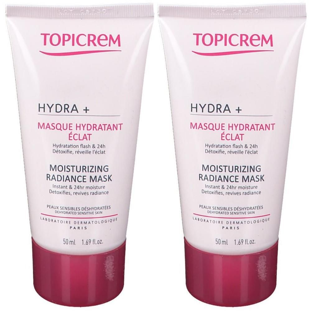 Deux tubes de TOPICREM HYDRA+ Masque Hydratant Éclat, 50 ml chacun.