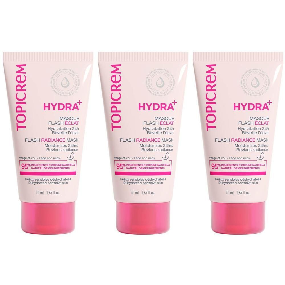 Drie Topicrem Hydra+ Flash Radiance Mask tubes van 50ml. Voor gedehydrateerde, gevoelige huid.