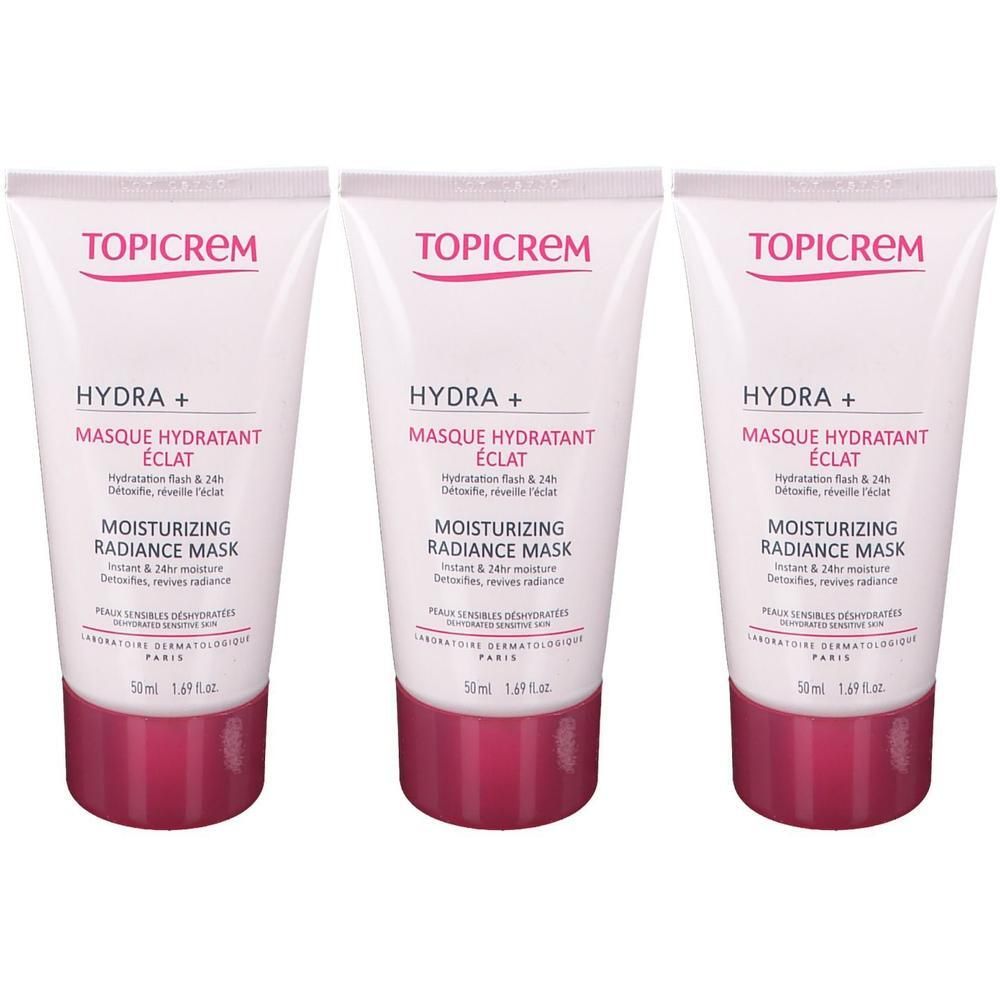 Trois tubes blancs TOPICREM HYDRA+ Masque hydratant éclat avec bouchon rose. 50ml.