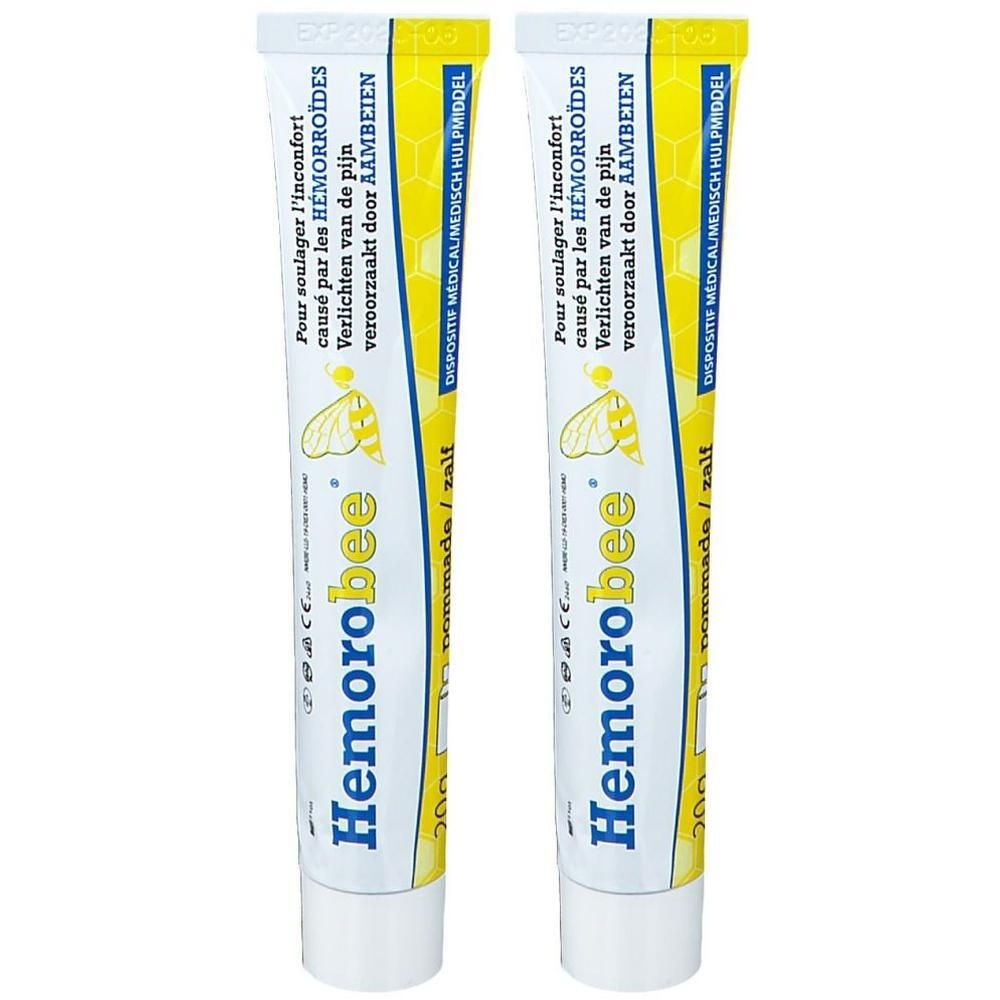 Deux tubes de pommade Hemorobee avec motif d'abeille et texte multilingue.