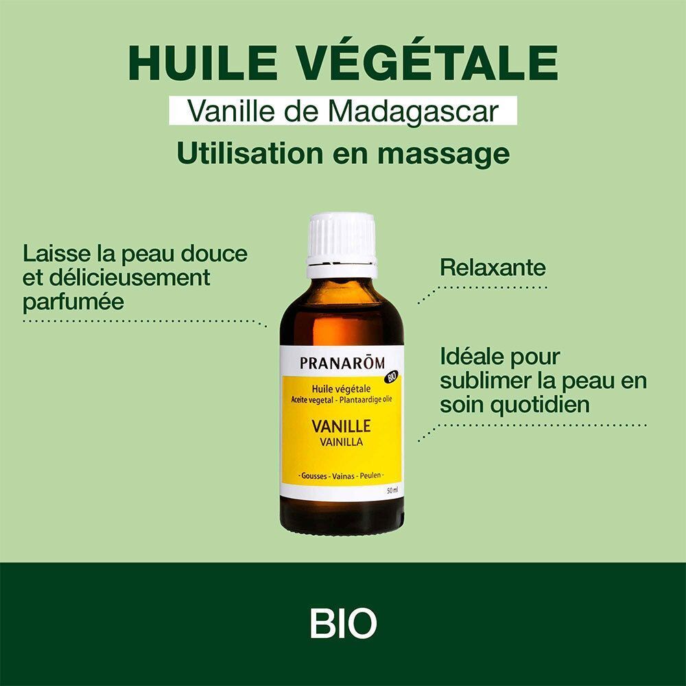 Flacon d'Huile Végétale Vanille Bio Pranarôm sur fond vert avec texte.