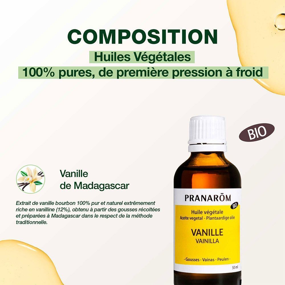 Flacon d'Huile Végétale Vanille Bio Pranarôm avec détails sur la composition et l'origine.