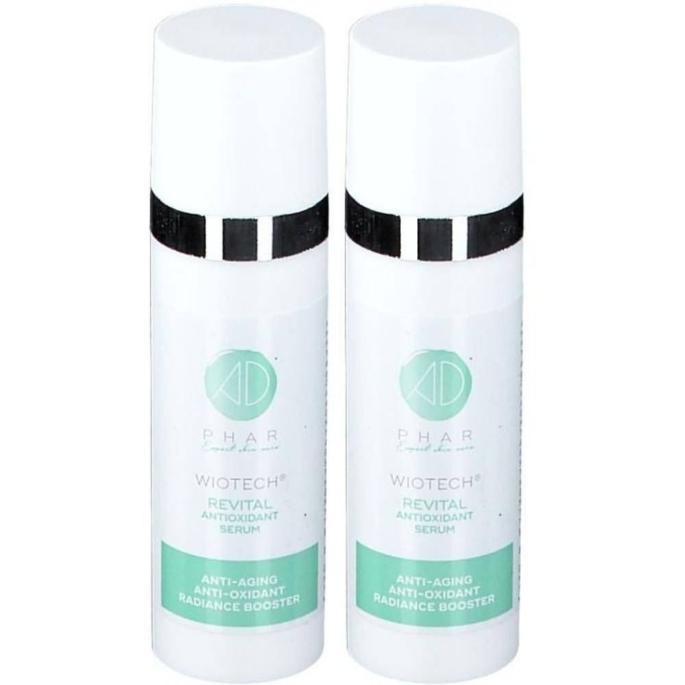 Twee flacons Wiotech Revital Antioxidant Serum met anti-aging eigenschappen.