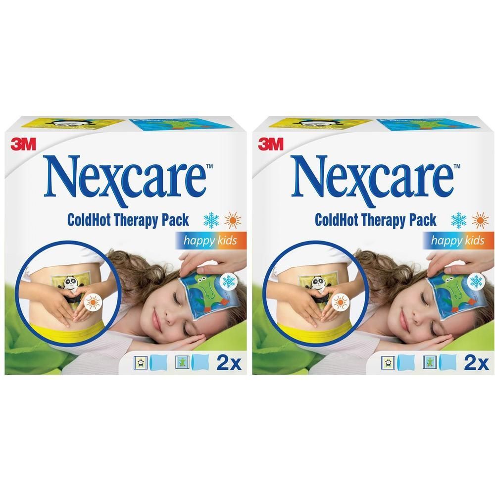 Twee Nexcare Coldhot Therapy Pack Happy Kids verpakkingen naast elkaar. Met kindvriendelijke motieven.