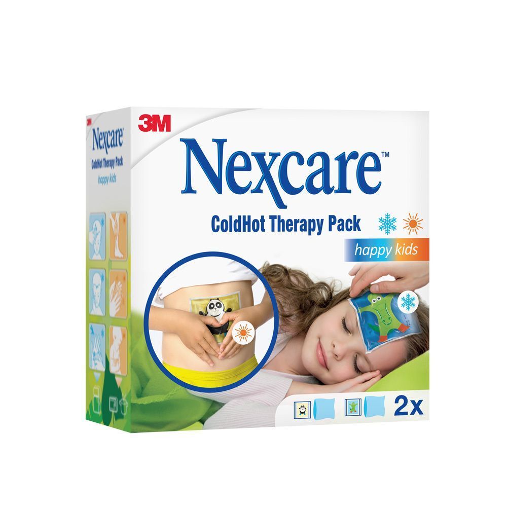 Nexcare Coldhot Therapy Pack Happy Kids verpakking met kindvriendelijke motieven en gebruiksillustraties.