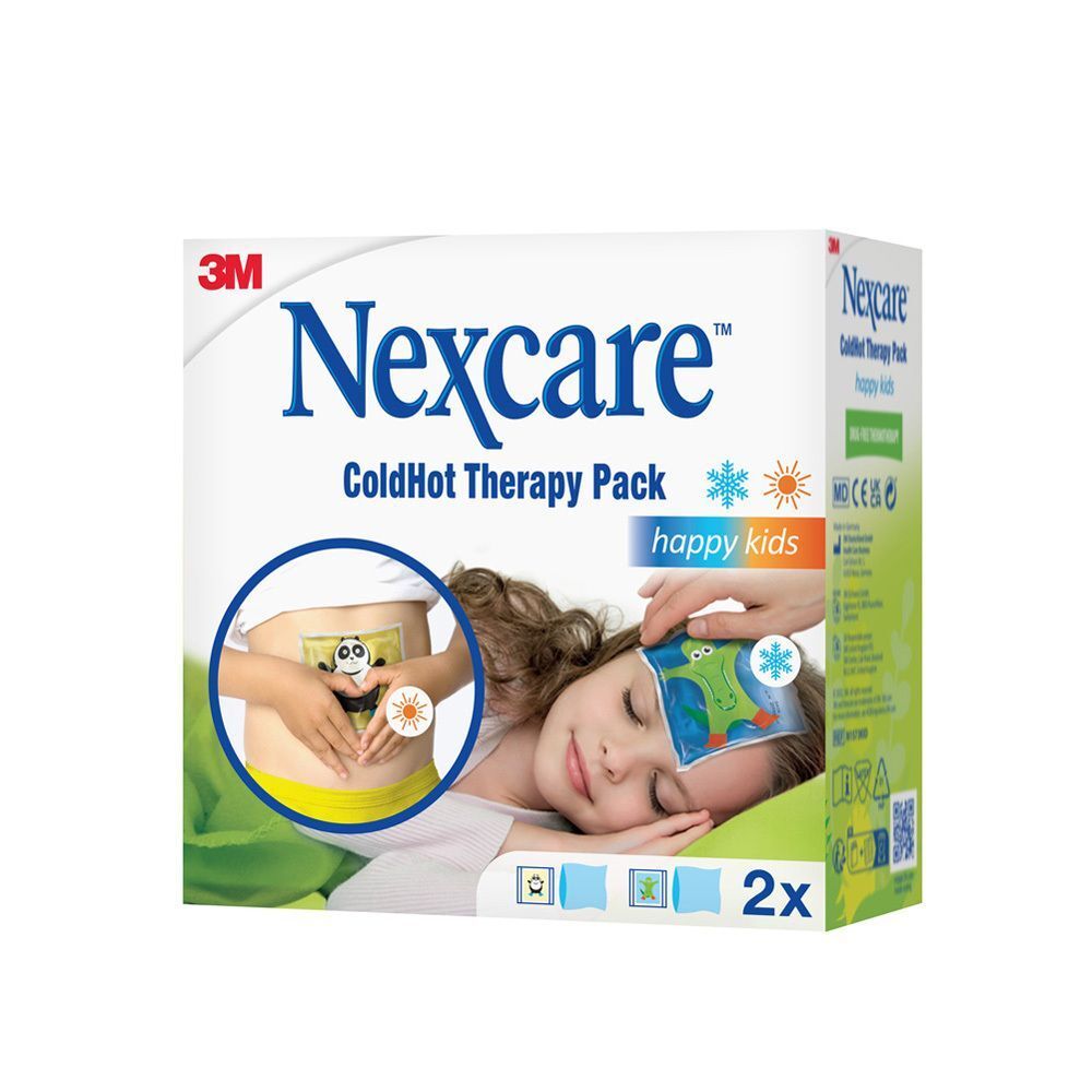 Nexcare Coldhot Therapy Pack Happy Kids verpakking, voor- en zijaanzicht met gebruiksinstructies.