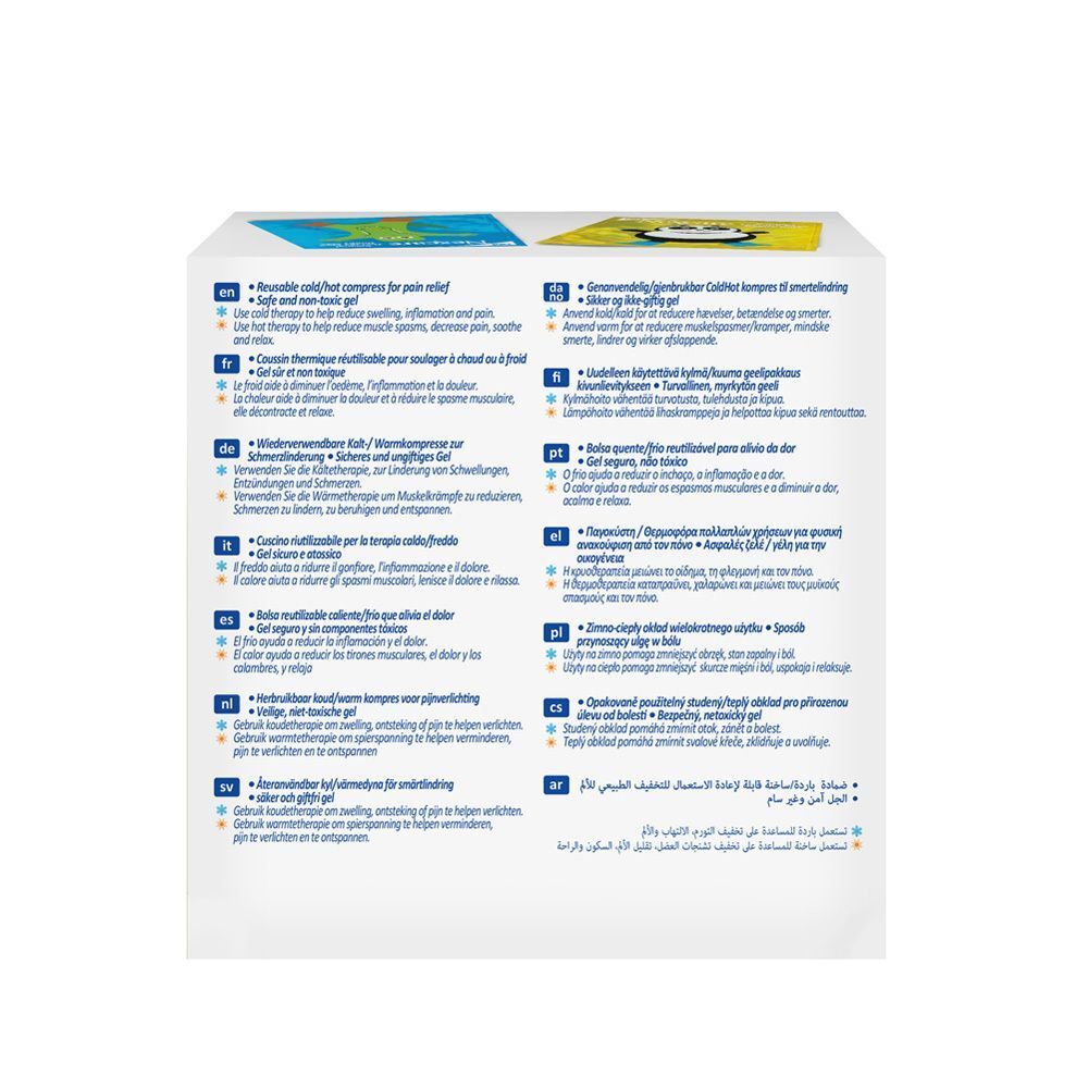 Arrière d'un emballage Nexcare Coldhot Therapy Pack Happy Kids avec instructions d'utilisation en plusieurs langues.