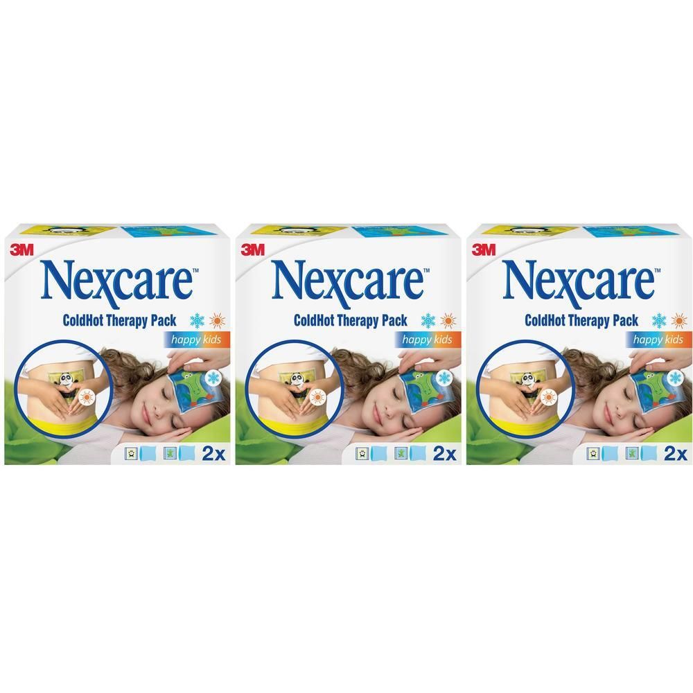 Trois packs de thérapie Nexcare Coldhot Happy Kids en emballages individuels.