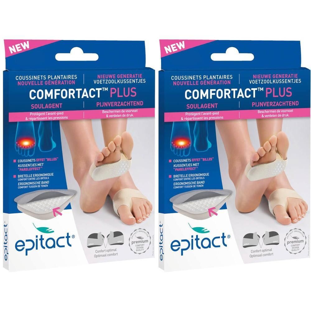 Twee pakken Epitact Comfortact Plus. Toont voeten met kussentjes onder de voorvoet.