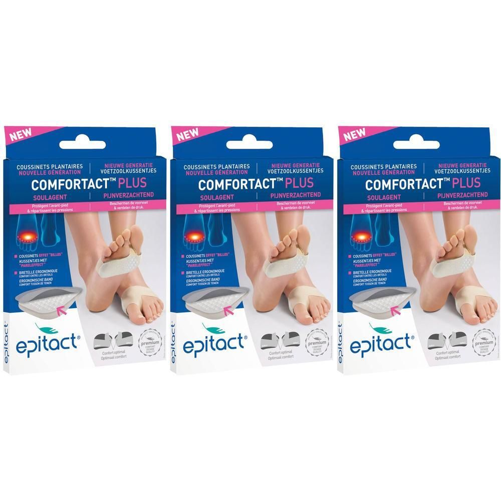 Trois paquets de semelles Epitact Comfortact Plus pour l'avant-pied. L'emballage montre des pieds portant les semelles.