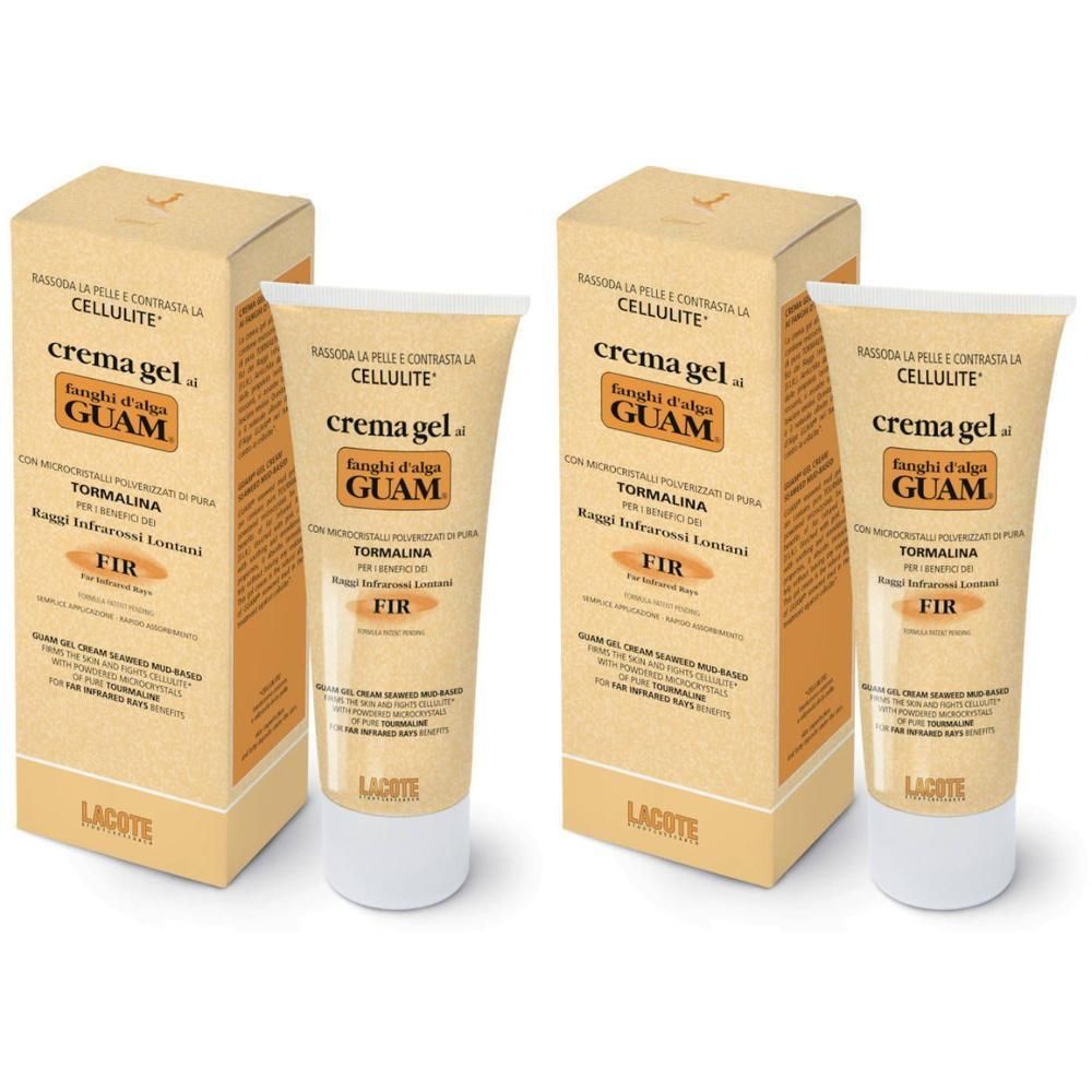 Deux tubes de crème GUAM Cellulite avec leurs boîtes. Les tubes et boîtes sont beiges avec une écriture orange.