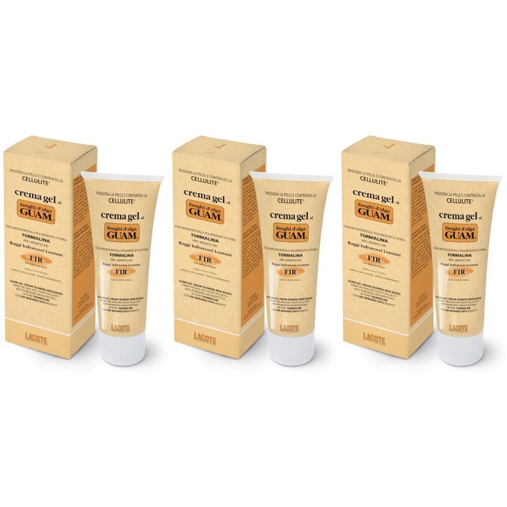 Drie tubes GUAM Cellulite Crema Gel met dozen. De gel zit in een lichtbeige tube met witte dop.